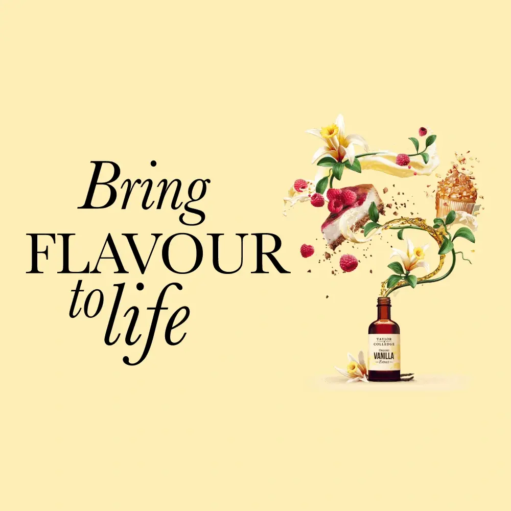 Picture - Taylor & Colledge vanilla extract bottle surrounded by vanilla flowers, raspberries and dessert ingredients, illustrating the brand message “Bring Flavour to Life”
